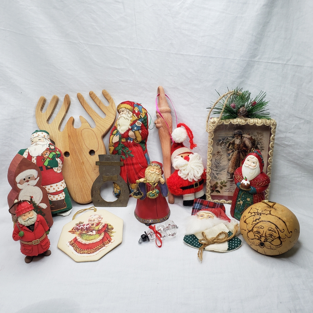 Vintage Holiday Santa Christmas Ornament Collection Reindeer And Pin Bundle